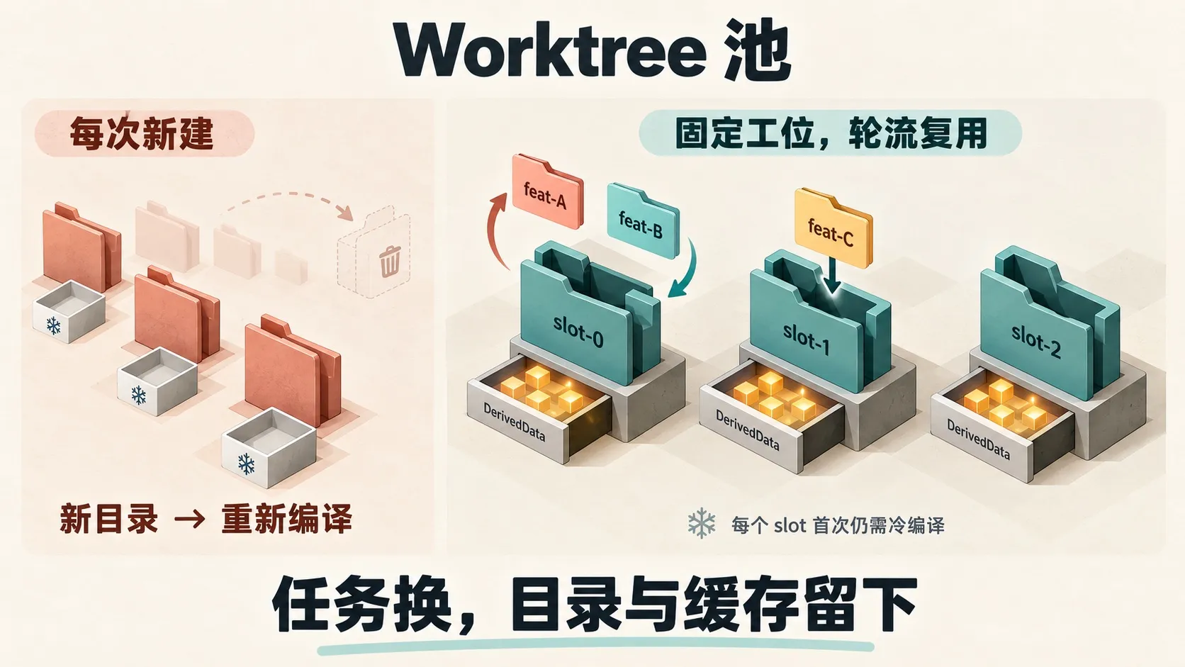 每个任务新建 worktree 与 worktree 池的对比